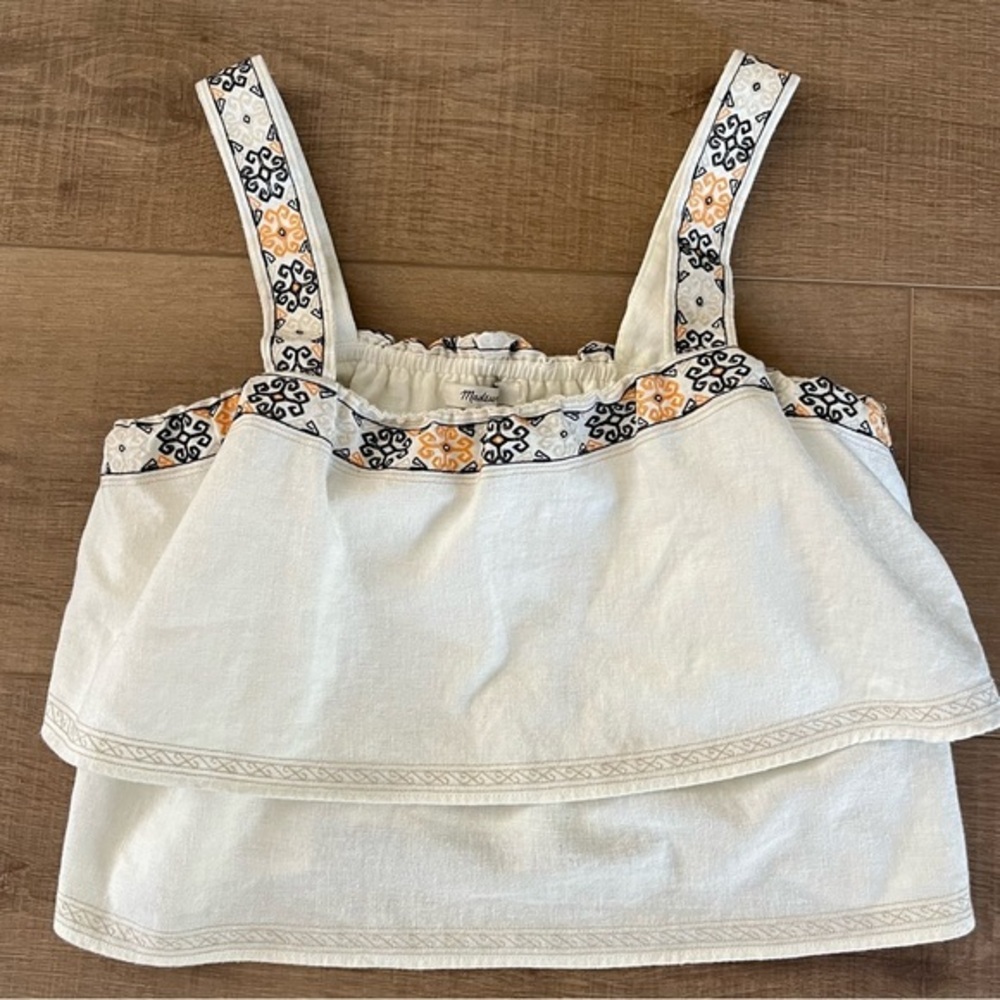 Madewell Linen Blend Cropped Embroidered‎ Tiered Anita Smock Top Small White Y2K - Picture 7 of 8